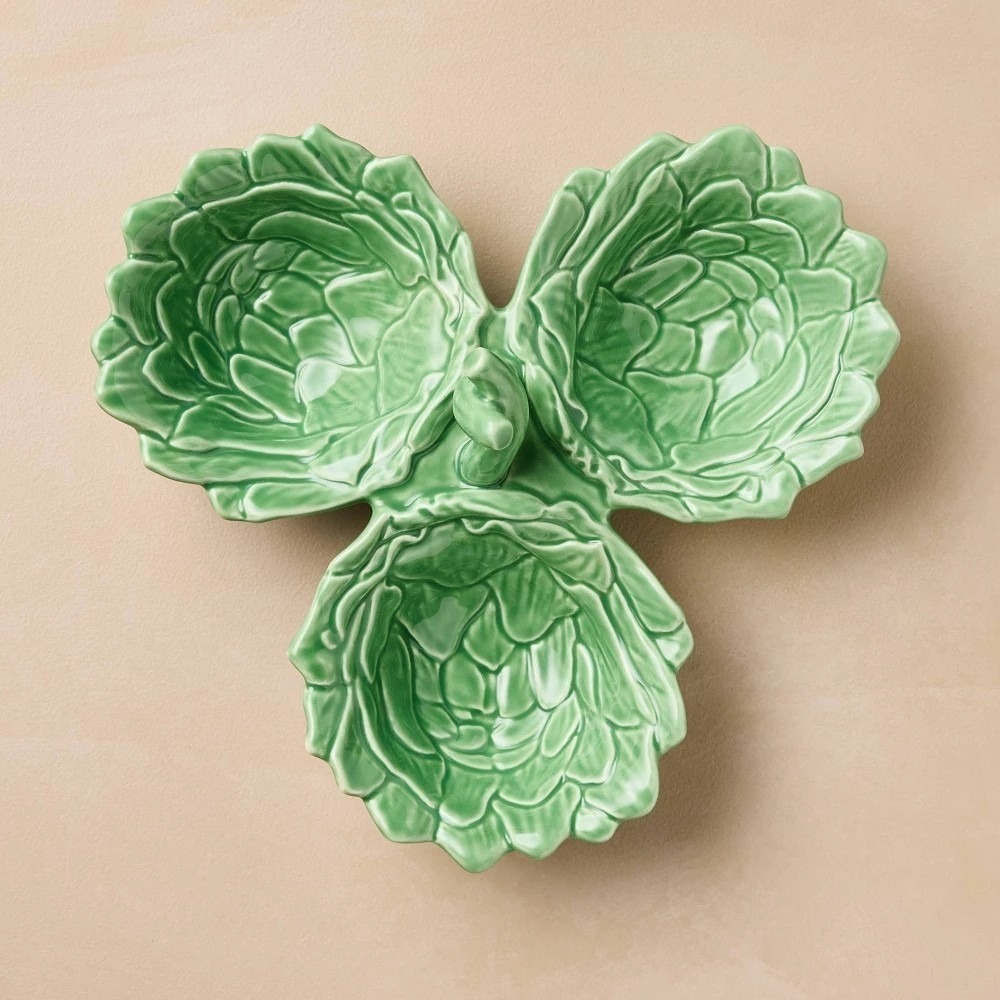 John Derian for Target Artichoke Serving Bowl Green Stoneware 3 Section Dish NEW
